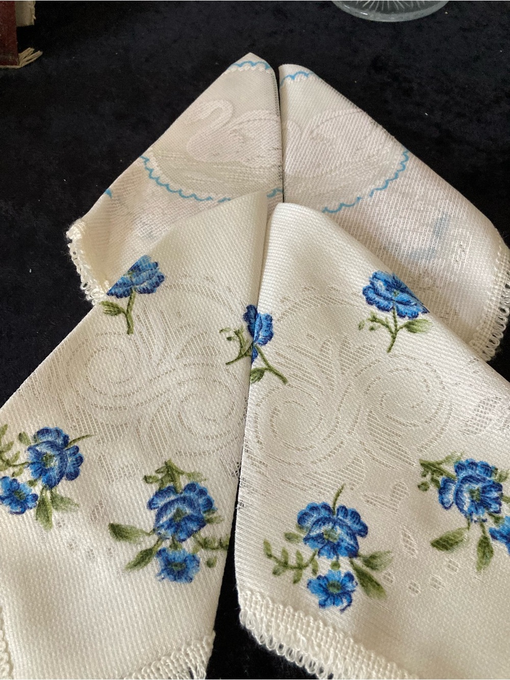 Stamped PairSwans & Blue Floral Dining Napkins Dollies - Unbranded